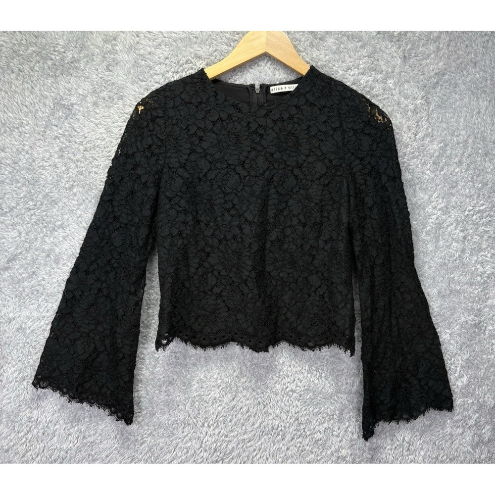 Alice + Olivia Womens XS Pasha Floral Lace Top Bell Sleeve Black Whimsigoth